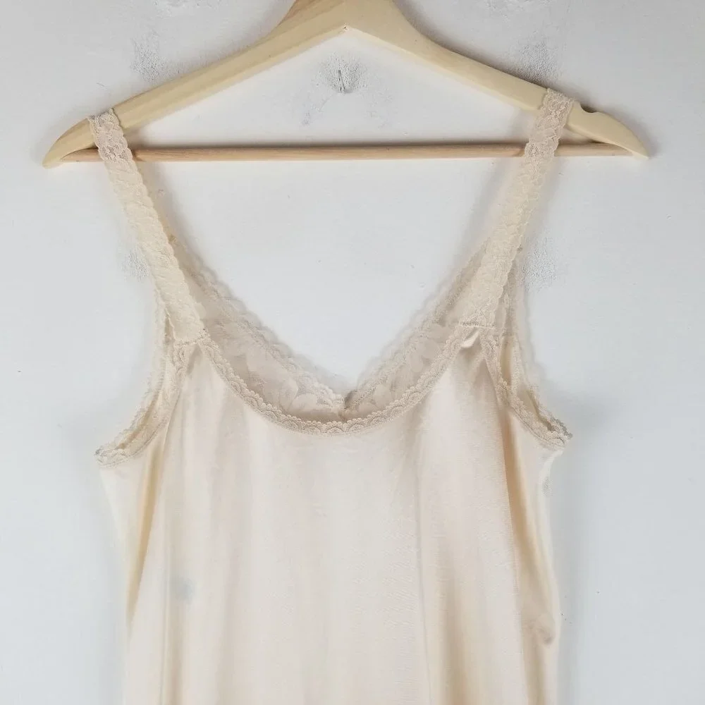 VINTAGE Maidenform Slip Womens Small 4 Beige Lace Midi Satin Dress USA Retro 60s - Picture 9 of 15